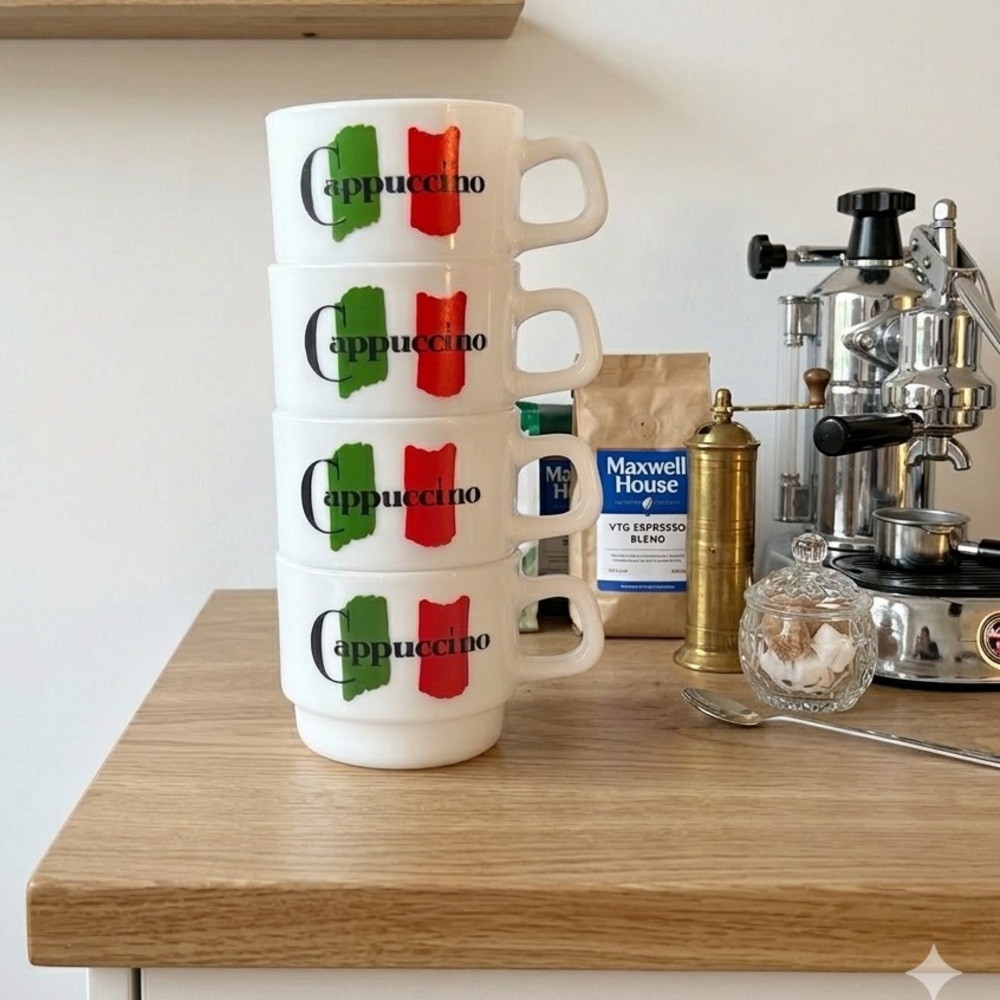 Vtg Arcopal France Maxwell House Milk Glass Cappuccino Cups, Set of 4, Stackable